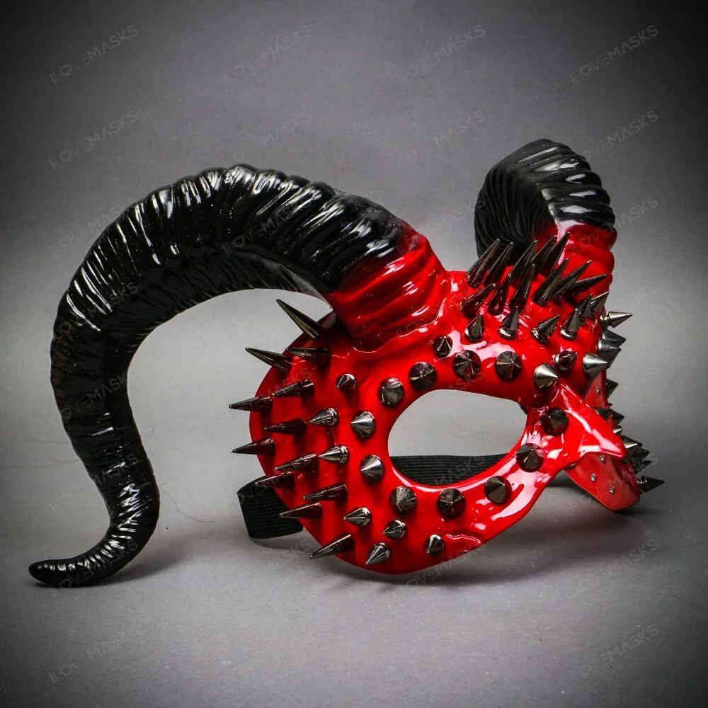 RED Demon Steampunk Spikes Devil w/ Black Twisted Horn Masquerade Halloween Mask